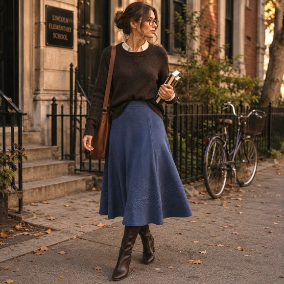 Maeve Dresses & Skirts - Maeve Maria Navy Blue Textured Knit A-Line Midi Skirt Raised Floral Hem S
